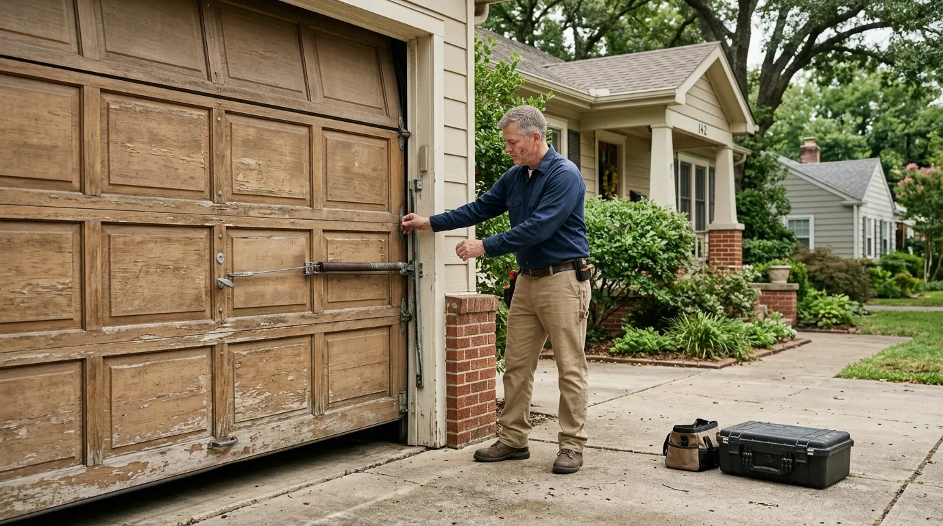 Garage door detail illustrating what a technician checks first on an old bridge garage door