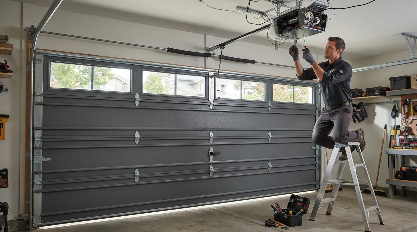 Garage door detail illustrating when the power cuts out, your opener is the weak link