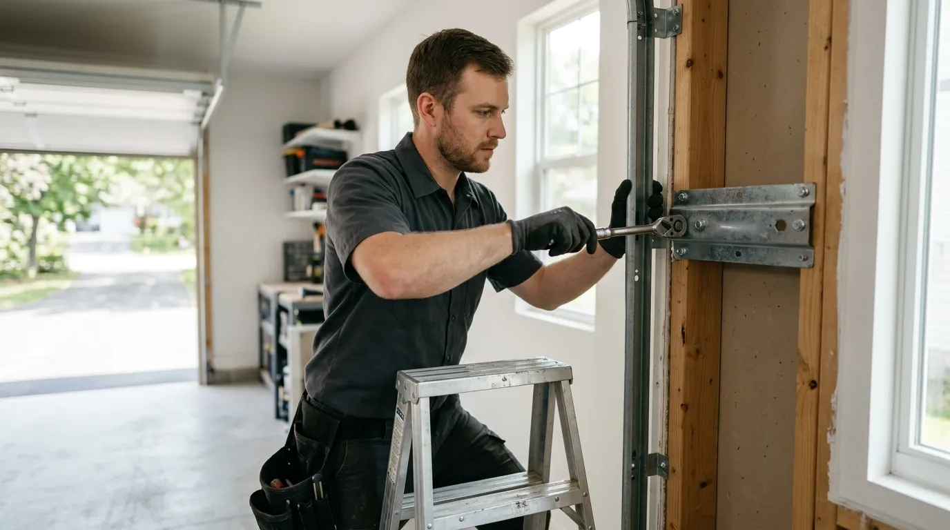 Garage door technician repairing a residential garage door in Old Bridge New Jersey