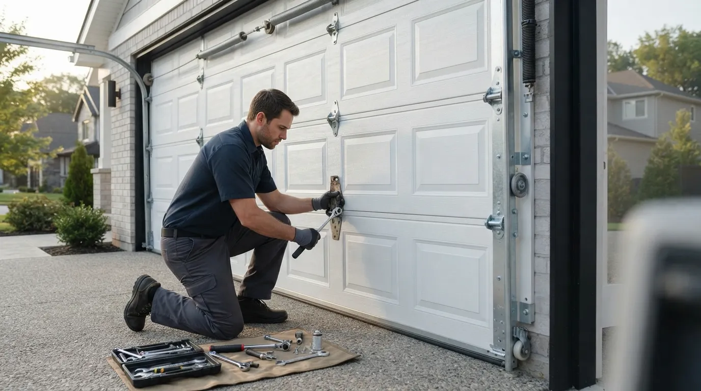 Garage door technician inspecting springs rollers tracks and opener in Old Bridge New Jersey